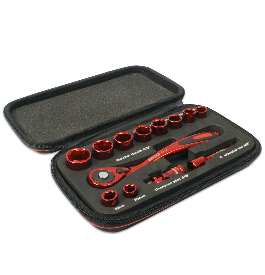 Red Pro Tools 13pc Socket Set 3/" Drive Anodised Soft Case