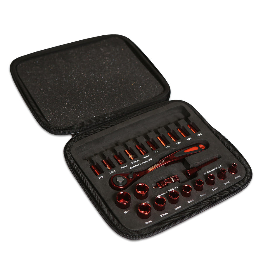 Red Pro Tools 23pc Socket Set 1/4" Drive Soft Pouch Metric Set
