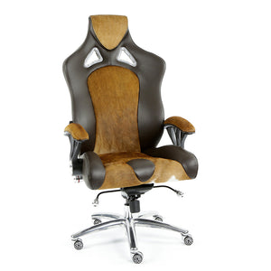 ProMech Racing Speed-998 Office Racing Chair Brown Cowhide Upholstered Calf Skin Leather Statement Piece 